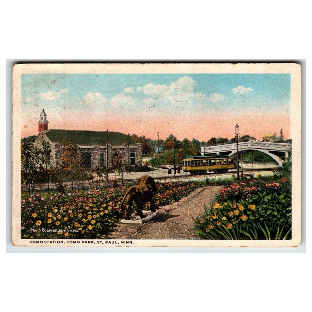 1922 Como Park St. Paul MN Postcard - Como Station, Trolley, Lion Statue